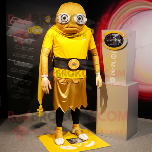 Gold Cyclops mascot costume character dressed with a Board Shorts and Scarf clips