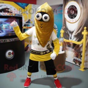 Gold Cyclops mascot costume character dressed with a Board Shorts and Scarf clips