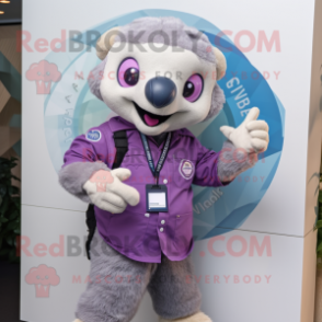 Purple Pangolin mascot costume character dressed with a Chambray Shirt and Digital watches