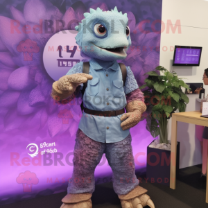 Purple Pangolin mascot costume character dressed with a Chambray Shirt and Digital watches