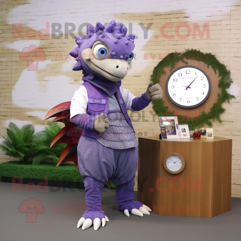 Purple Pangolin mascot costume character dressed with a Chambray Shirt and Digital watches