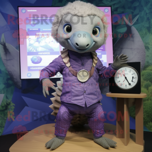 Purple Pangolin mascot costume character dressed with a Chambray Shirt and Digital watches