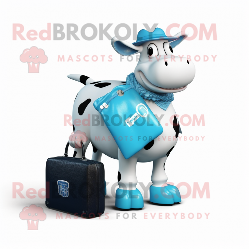 Cyan Holstein Cow mascot costume character dressed with a Graphic Tee and Briefcases