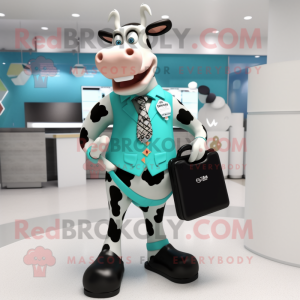 Cyan Holstein Cow mascot costume character dressed with a Graphic Tee and Briefcases