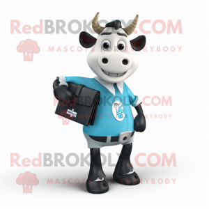 Cyan Holstein Cow mascot costume character dressed with a Graphic Tee and Briefcases