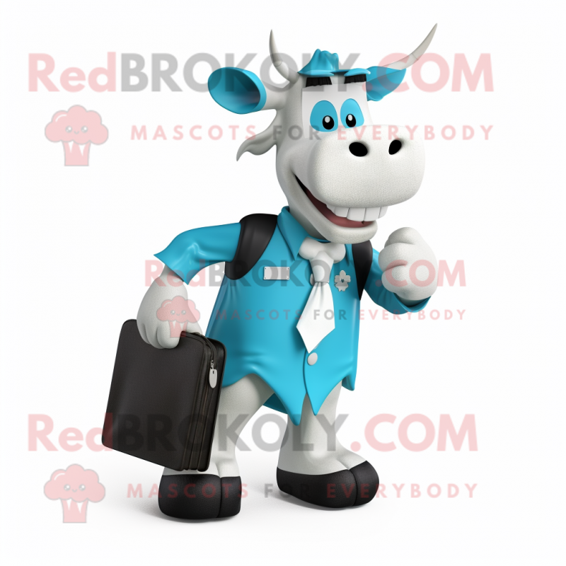 Cyan Holstein Cow mascot costume character dressed with a Graphic Tee and Briefcases