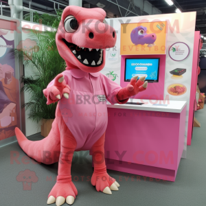 Pink Tyrannosaurus mascot costume character dressed with a Romper and Hairpins