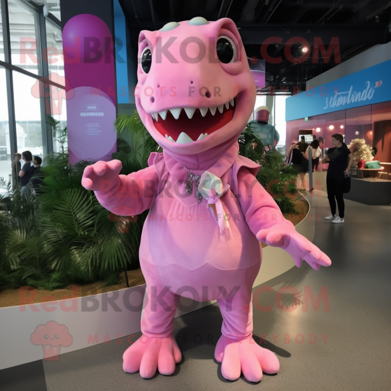 Pink Tyrannosaurus mascot costume character dressed with a Romper and Hairpins