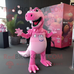 Pink Tyrannosaurus mascot costume character dressed with a Romper and Hairpins