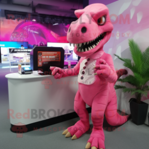 Pink Tyrannosaurus mascot costume character dressed with a Romper and Hairpins