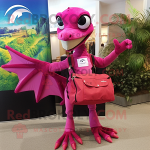 Magenta Dimorphodon mascot costume character dressed with a A-Line Skirt and Messenger bags