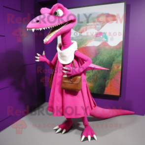 Magenta Dimorphodon mascot costume character dressed with a A-Line Skirt and Messenger bags