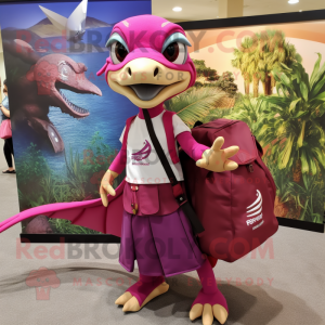 Magenta Dimorphodon mascot costume character dressed with a A-Line Skirt and Messenger bags