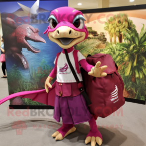 Magenta Dimorphodon mascot costume character dressed with a A-Line Skirt and Messenger bags