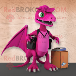 Magenta Dimorphodon mascot costume character dressed with a A-Line Skirt and Messenger bags