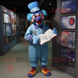 Blue Evil Clown mascot costume character dressed with a Cargo Pants and Reading glasses