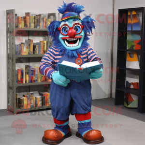 Blue Evil Clown mascot costume character dressed with a Cargo Pants and Reading glasses