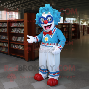 Blue Evil Clown mascot costume character dressed with a Cargo Pants and Reading glasses