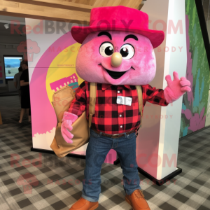 Pink Nachos mascot costume character dressed with a Flannel Shirt and Handbags