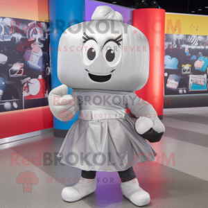 Silver Boxing Glove mascot costume character dressed with a Wrap Skirt and Backpacks