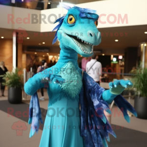 Turquoise Deinonychus mascot costume character dressed with a Evening Gown and Scarves