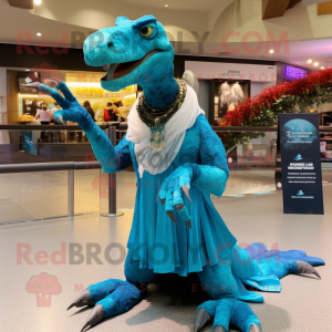 Turquoise Deinonychus mascot costume character dressed with a Evening Gown and Scarves