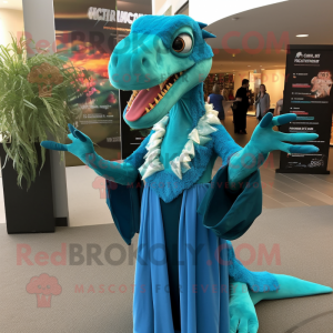 Turquoise Deinonychus mascot costume character dressed with a Evening Gown and Scarves