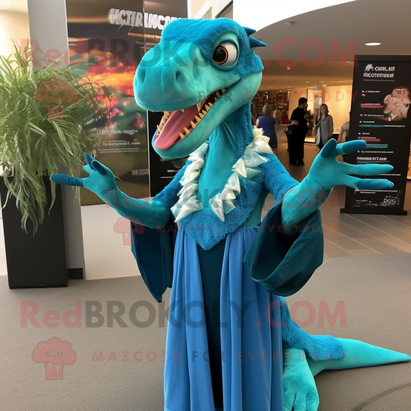 Turquoise Deinonychus mascot costume character dressed with a Evening Gown and Scarves