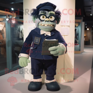 Navy Frankenstein'S Monster mascot costume character dressed with a Corduroy Pants and Eyeglasses