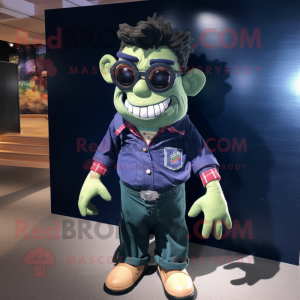 Navy Frankenstein'S Monster mascot costume character dressed with a Corduroy Pants and Eyeglasses