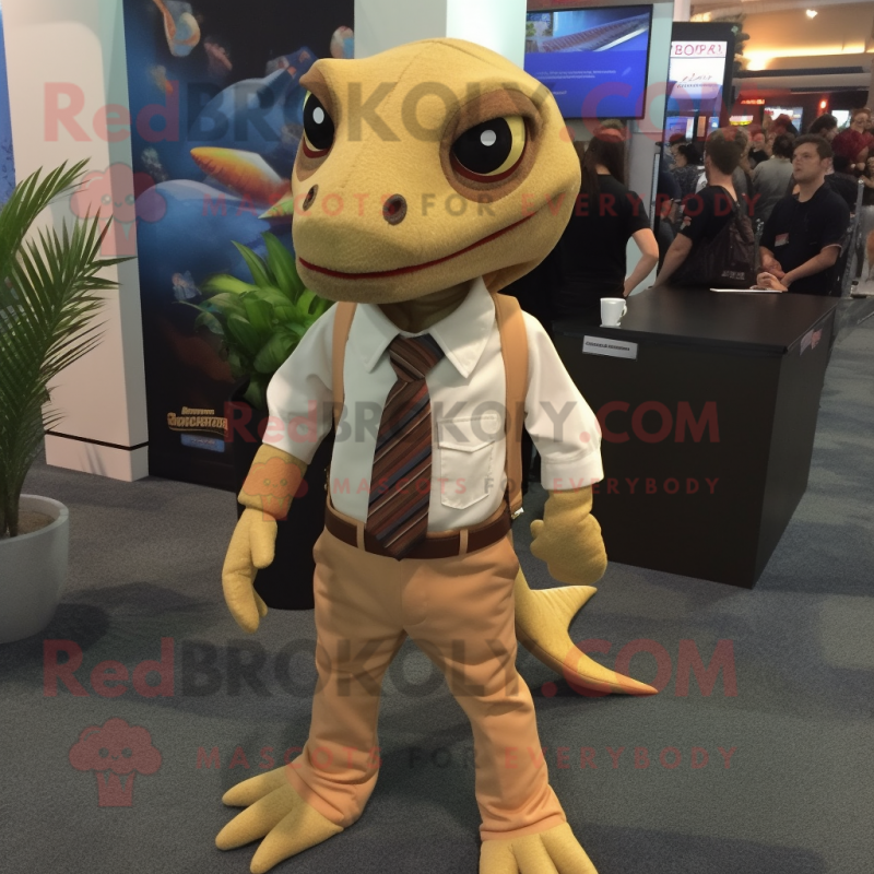 Tan Lizard mascot costume character dressed with a Blouse and Tie pins