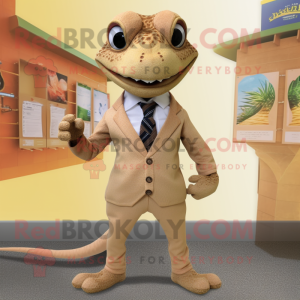 Tan Lizard mascot costume character dressed with a Blouse and Tie pins