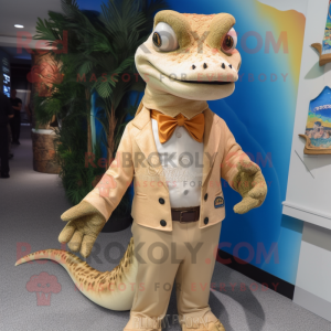 Tan Lizard mascot costume character dressed with a Blouse and Tie pins