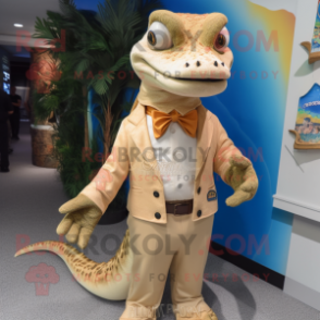 Tan Lizard mascot costume character dressed with a Blouse and Tie pins