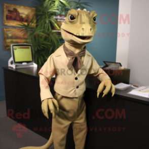 Tan Lizard mascot costume character dressed with a Blouse and Tie pins