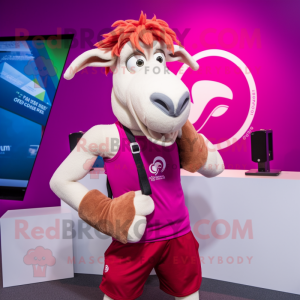 Magenta Boer Goat mascot costume character dressed with a Tank Top and Cufflinks