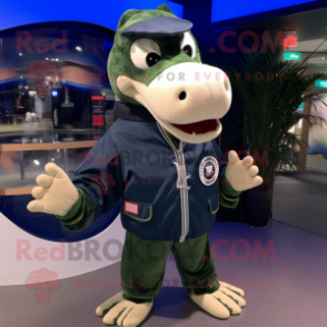 Navy Crocodile mascot costume character dressed with a Bomber Jacket and Shawls