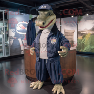 Navy Crocodile mascot costume character dressed with a Bomber Jacket and Shawls
