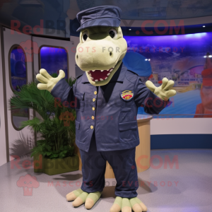 Navy Crocodile mascot costume character dressed with a Bomber Jacket and Shawls