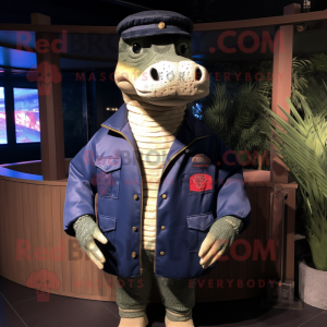 Navy Crocodile mascot costume character dressed with a Bomber Jacket and Shawls