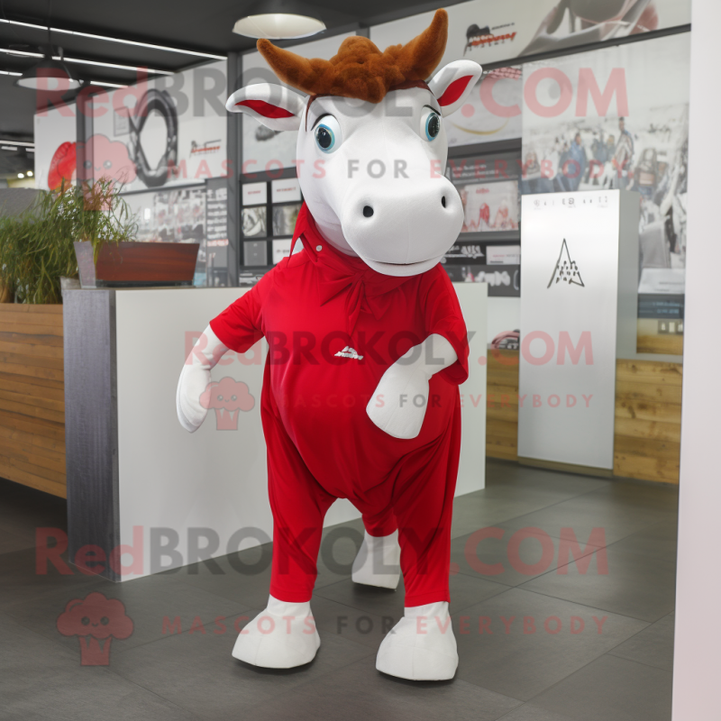 Red Zebu mascot costume character dressed with a Poplin Shirt and Scarves