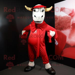 Red Zebu mascot costume character dressed with a Poplin Shirt and Scarves