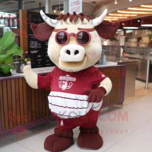 Maroon Beef Stroganoff mascot costume character dressed with a Mini Skirt and Sunglasses