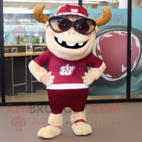 Maroon Beef Stroganoff mascot costume character dressed with a Mini Skirt and Sunglasses