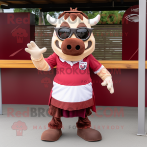 Maroon Beef Stroganoff mascot costume character dressed with a Mini Skirt and Sunglasses