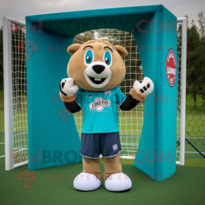 Teal Soccer Goal mascot costume character dressed with a Corduroy Pants and Clutch bags