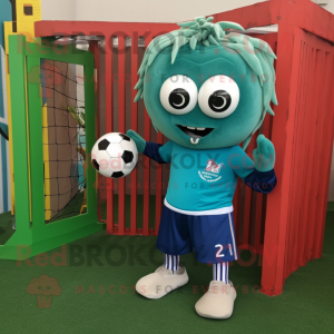 Teal Soccer Goal mascot costume character dressed with a Corduroy Pants and Clutch bags