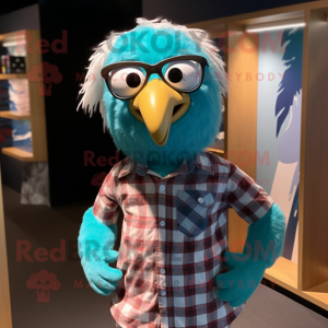 Turquoise Haast'S Eagle mascot costume character dressed with a Flannel Shirt and Eyeglasses