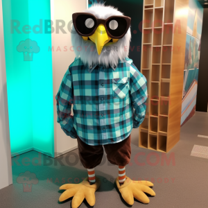 Turquoise Haast'S Eagle mascot costume character dressed with a Flannel Shirt and Eyeglasses