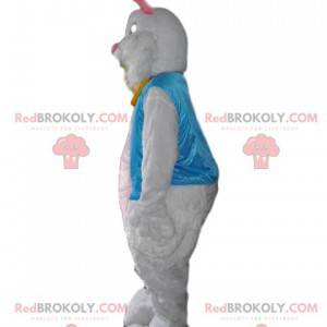 Mascot zijdeachtig wit konijn met zijn hemelsblauw vest -